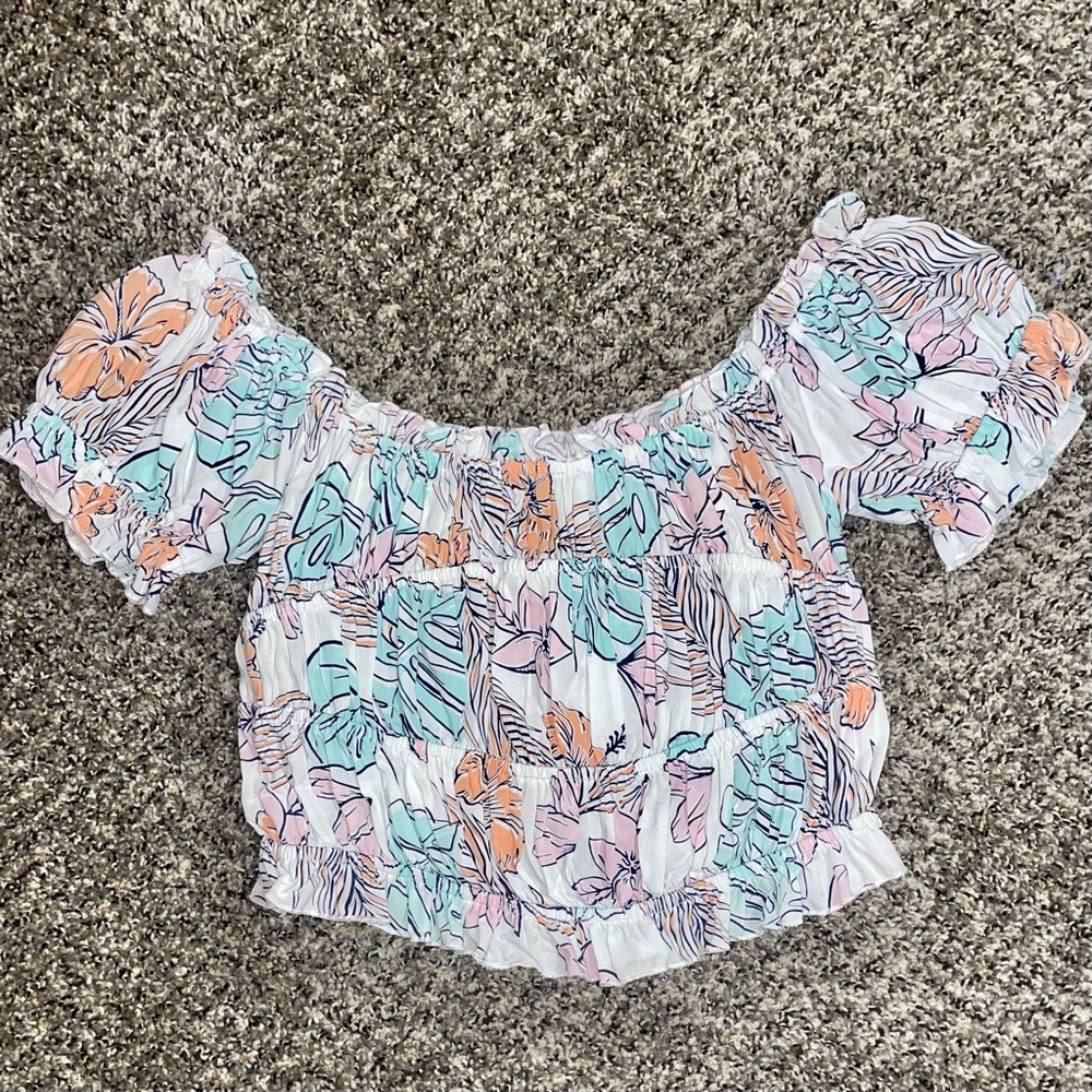NWOT Ocean Drive Teal and Orange Floral Off-Shoulder Blouse Size Juniors Large